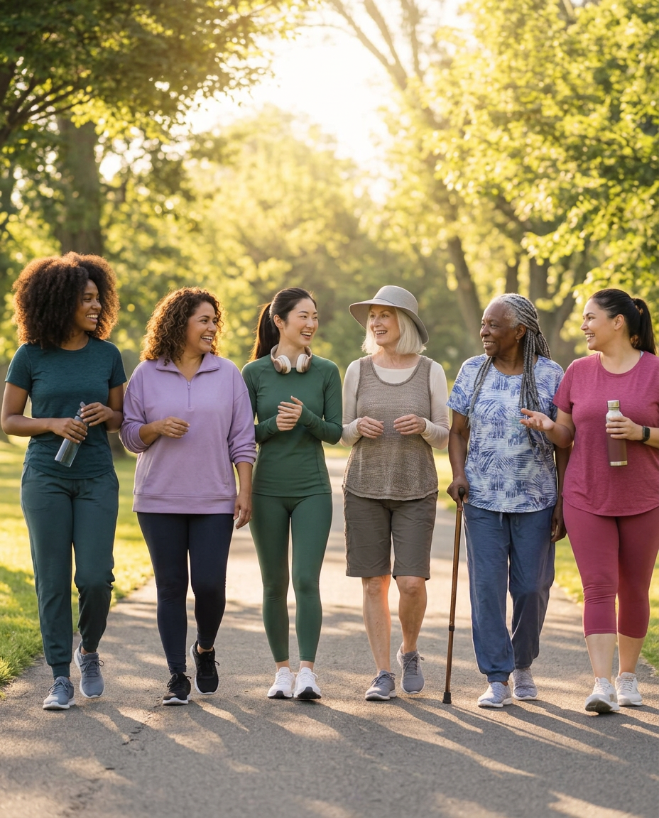 Women of many ages walking and talking together in a sunlit park